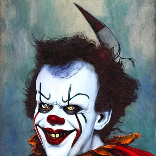 Prompt: portrait of pennywise mixed with batman by abbey edwin austin