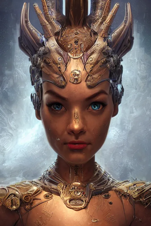 Image similar to portrait of a beautiful female hybrid cybernetic atlantean anubis elsa jean alien warrior, regal, realistic, refined, detailed, digital art, jessica rossier, michael cheval, esao andrews, steampunk, walt disney ( 1 9 3 7 ), francois boucher, oil painting, highly detailed, cinematic lighting, unreal engine, 8 k, hd