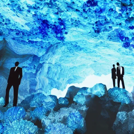 Image similar to rich businessmen inside the cave, blue crystals