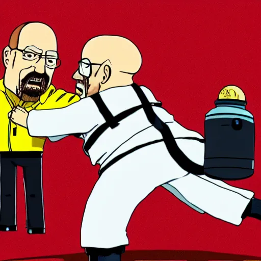 Image similar to Michael Ehrmantraut hugging walter white from behind wrestling breaking bad in one piece anime style