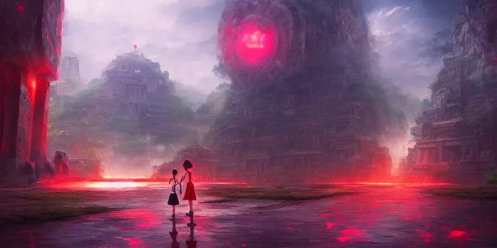 Image similar to a lost city with a loli in red standing in the middle of the road, 4 k resolution, ultra detailed, matte oil painting, mysterious, artstation