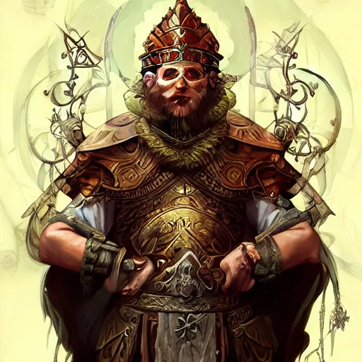 Image similar to Epic viking king, divine, symmetrical, D&D character art, portrait, digital painting, Peter Mohrbacher, Alphonse Mucha, Brian Froud, Yoshitaka Amano, Kim Keever, Victo Ngai, James Jean