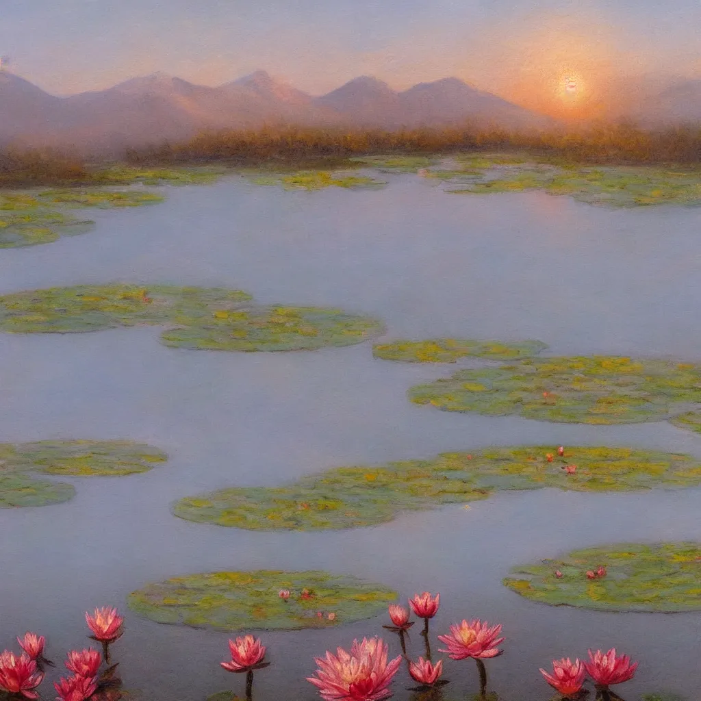 Prompt: impressionism painting of a pond of water lily on a foggy morning, red barn in distance, sun low on horizon through snow capped mountains, soft light