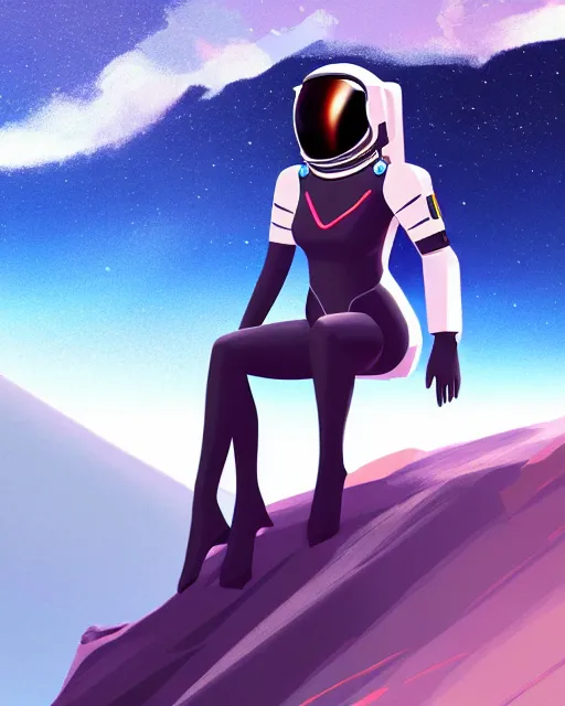 Image similar to concept art of a beautiful sleek futursitic astronaut, she is sitting in the edge of an alien cliff overlooking an alien landscape | | epic - fine - clean, polished, trending on artstation, anime style, brush strokes