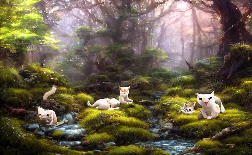 Prompt: wild fantasy cats in a clear water stream in a mossy forest, oil painting by Makoto Shinkai