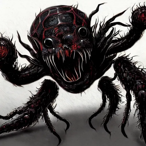 Prompt: d & d monster, huge spider monster with 1 0 0 eyes, each leg covered in mouths, dark fantasy, concept art, character art