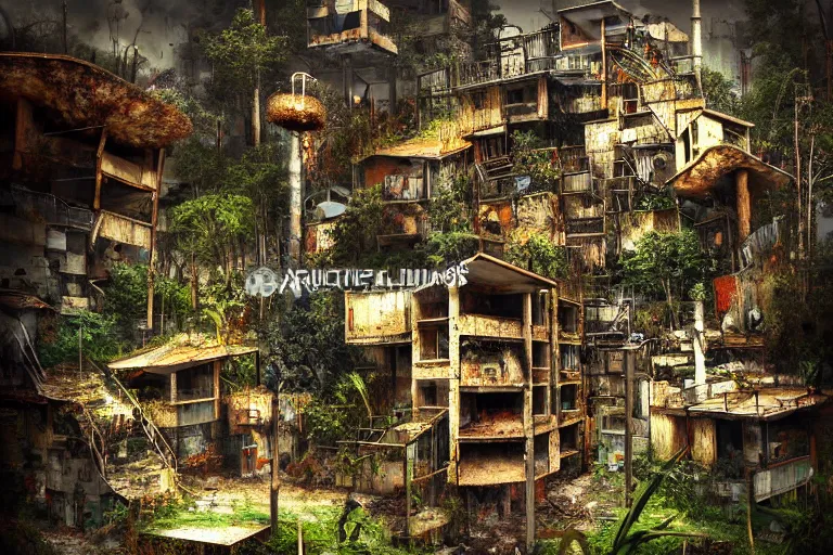 Image similar to favela fungus beehive, wooded environment, industrial factory, apocalyptic, award winning art, epic dreamlike fantasy landscape, ultra realistic,