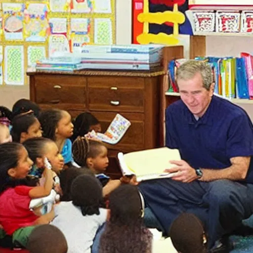 Image similar to “ george w bush reading to elementary school children with nothing bad happening whatsoever ”