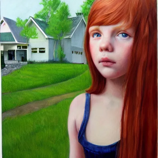 Image similar to a ultra - detailed realistic portrait of a young red haired girl with green eyes standing in front of her suburban house, hyper realism, highly detailed, art, 8 k