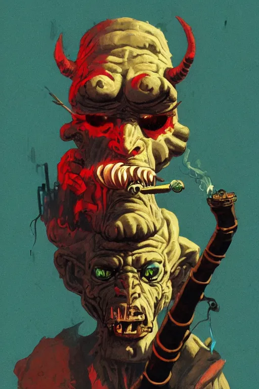 Image similar to An anthropomorphic demon smoking a cigar in a cyberpunk setting, by Frank Frazetta, 1980s synthwave color palette, Trending on Artstation, highly detailed,