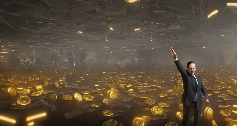 Image similar to Dramatic photo of a CEO, with his back towards the camera, waving to a large group of his coworkers in the background inside a futuristic office. Golden coins are levitating all around them. 8k, high detail, trending on Artstation, volumetric lighting, cyberpunk