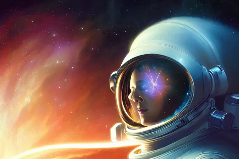 Image similar to Portrait of an astronaut reflective visor reflecting a nebula in space, portrait, elegant, intricate, digital painting, artstation, concept art, smooth, sharp focus, illustration, art by artgerm and greg rutkowski and alphonse mucha