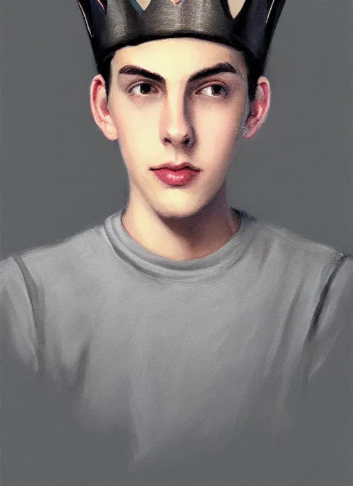 Image similar to portrait of teenage jughead jones wearing a light grey crown, crown, hamburger background, eyes closed, crown, black hair, intricate, elegant, glowing lights, warm lighting, highly detailed, digital painting, artstation, concept art, smooth, sharp focus, illustration, art by wlop, mars ravelo and greg rutkowski