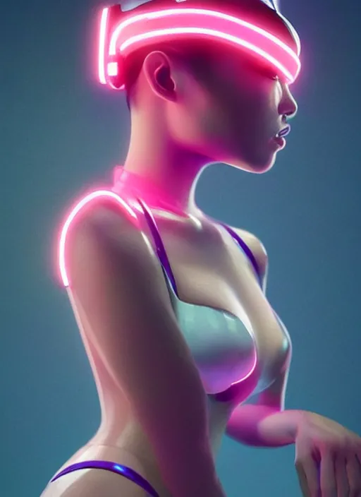 Image similar to a sensual asian female humanoid with freckled cheeks, cyber neon lighting, futurism, intricate futuristic jewelry accessories, cyberpunk glossy white latex swimsuit, profile posing, hyper photorealistic, crispy quality, digital photography, trending in artstation, trending in pinterest, cinematic, 4 k ultra hd, art by pascal blanche, art by greg rutkowski,