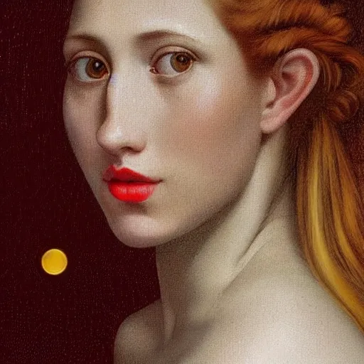 Image similar to portrait of a young woman, among the lights of golden fireflies and nature, long loose red hair, intricate details, deep green eyes, hint of freckles, round gentle face, cheeky smile with red lips, deep focus, smooth, sharp, golden ratio, hyper realistic art by artemisia lomi gentileschi and caravaggio and artgerm