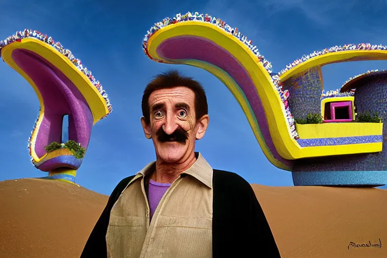 Prompt: Barry Chuckle as neo-Andean architecture by Freddy Mamani, realistic human-building hybrid