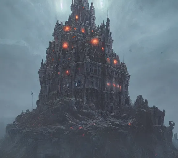 Prompt: A towering Castle made of eyeballs and tentacles, Lovecraftian, 4k, masterpiece, cinematic, glowing, by Greg Rutkowski, Trending on Artstation, Behance.