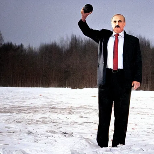 Image similar to Alexander Lukashenko as the American Psycho, devilishly holding earth in his hands