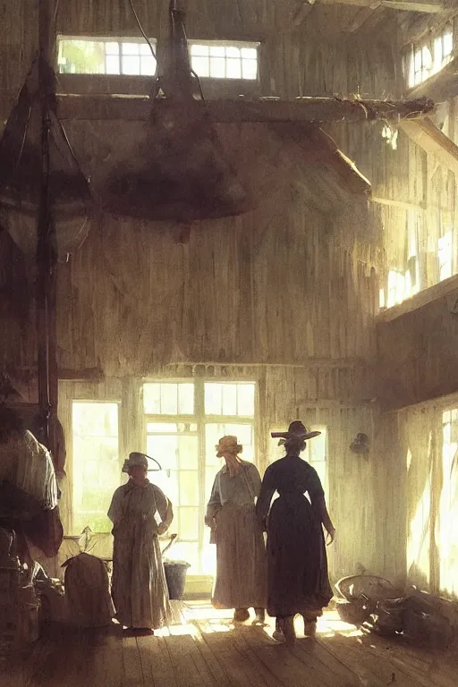 Image similar to simple amish farmers hanging tobacco in their well lit clean open barn, art by anders zorn, wonderful masterpiece by greg rutkowski, beautiful cinematic light, american romanticism thomas lawrence, greg rutkowski