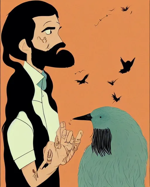 Prompt: portrait of an unkle moon with long black hair and beard and his imaginary bird friend, fine portrait, beautiful, realistic, magical, by tomer hanuka