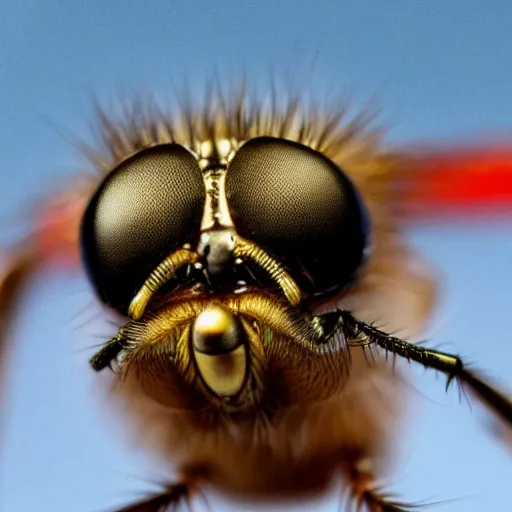 Image similar to a macro photograph of a fly with donald trump hair