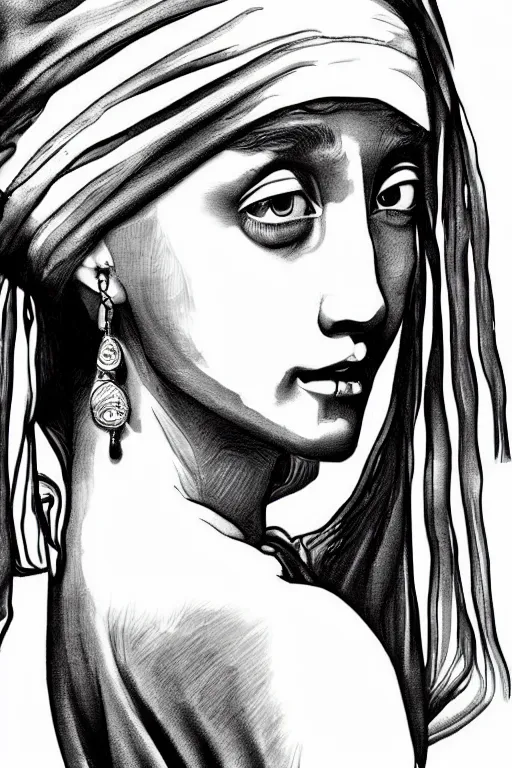 Prompt: beautiful portrait of a woman, negative no not the girl with a pearl earring, highly detailed ink illustration, b & w clean shaped illustration by kim jung gi, ric estrada, ron english and eiichiro oda