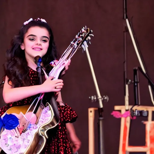 Image similar to Angelina Jordan singing on stage with a bouquet of flowers in her hair