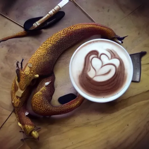 Prompt: photo, asian dragon head as latte art, dragon face, fire breath