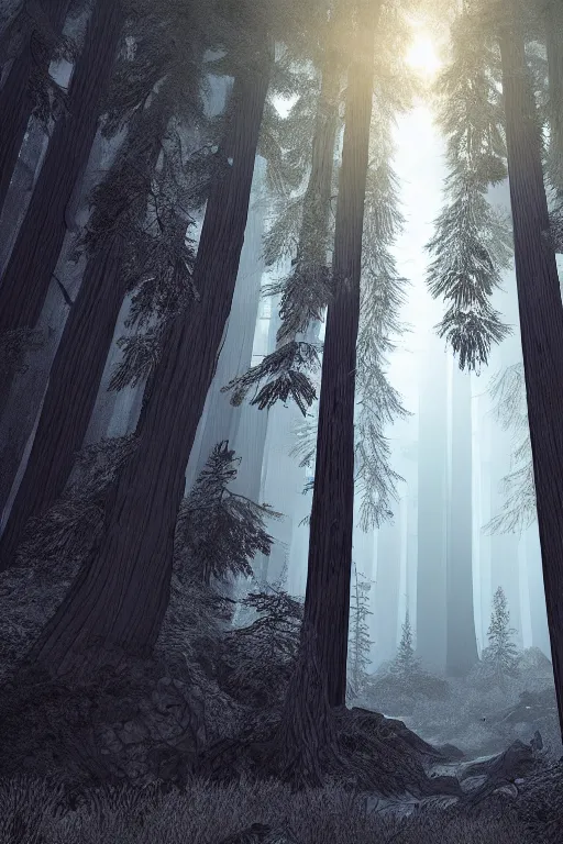 Image similar to a beautiful woodcut print of a redwood forest, 8 k, frostbite 3 engine, cryengine, dof, trending on artstation, digital art, crepuscular ray, art by roy l davies and tugboat printshop