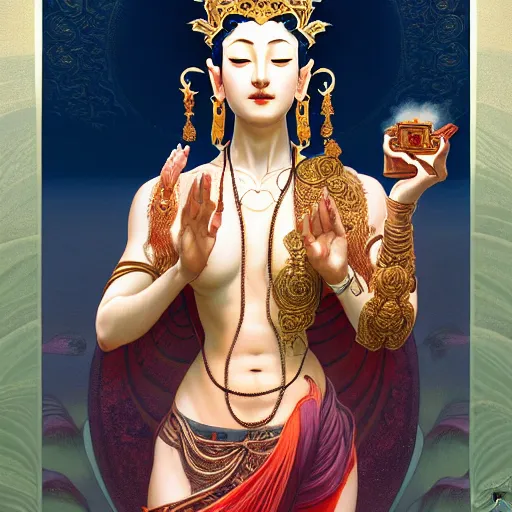 Image similar to avalokiteshvara using a deodorant, intricate, elegant, highly detailed, my rendition, digital painting, artstation, concept art, smooth, sharp focus, radiant light, illustration, art by artgerm and greg rutkowski and alphonse mucha