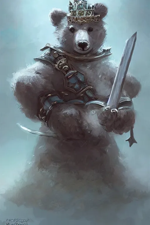 Image similar to cute little anthropomorphic bear knight wearing a cape and a crown, tiny, small, miniature bear, baby animal, short, pale blue armor, cute and adorable, pretty, beautiful, DnD character art portrait, matte fantasy painting, DeviantArt Artstation, by Jason Felix by Steve Argyle by Tyler Jacobson by Peter Mohrbacher, cinematic lighting