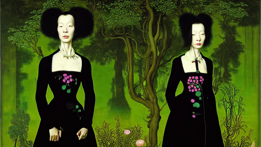 Image similar to portrait of a woman with acid green frizzy hair, wearing a embroidered high collar black dress by balenciaga, standing in a botanical garden, bjork aesthetic, masterpiece, cyberpunk, in the style of rogier van der weyden, masterpiece, asian art