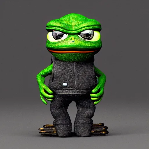 Image similar to perfectly accurate miniature figure of pepe the frog wearing jeans and a black leather jacket, soft textures, skin texture, clothing, 3d sculpture, textured, fine detail, lifelike, photo, high resolution, octane render, post processing, after effects, trending on artstation