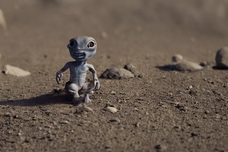 Prompt: vfx movie scene closeup adorable curios tiny little alien creature in moon desert eating a rock. by emmanuel lubezki