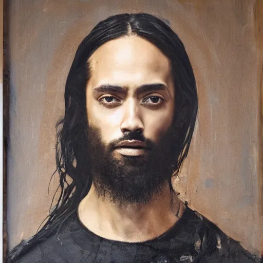 Prompt: a portrait of jesus wearing jerry lorenzo streetwear by nicola samori, oil painting, realistic, 8 k, fear of god style