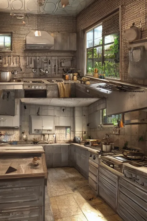 Image similar to a beautiful rendered world made of modern Kitchen fronts and parts, hyper-realistic environment, Epic concept art