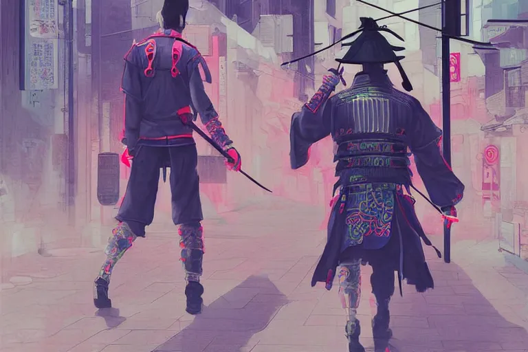 Prompt: neon japanese samurai walking in the streets of modern tokyo, illustration painting, intricate, detailed illustration, hd, digital art, overdetailed art, concept art, complementing colors, detailed, illustration painting by leonardo da vinci, digital art, overdetailed art, concept art, complementing colors rendered by beeple, syd meade,