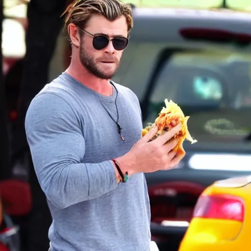 Image similar to Chris Hemsworth wearing a Mexican Sombrero while eating a burrito