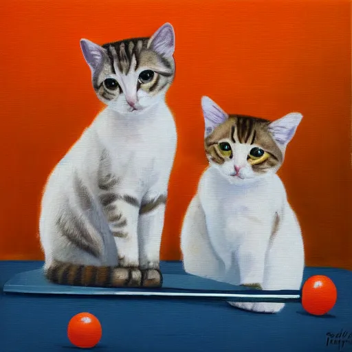 Image similar to Deux chats jouent au ping pong sur un fond orange, oil painting