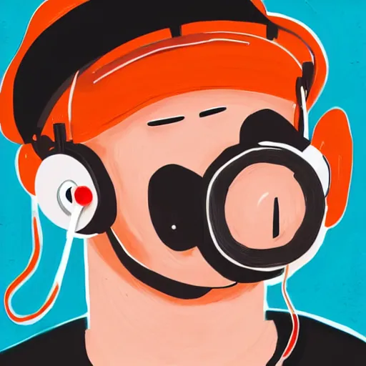 Image similar to streamer on twitch with black hat, stubble, ginger hair, orange hair, black cap, stubbles, red headphones, in the style of jeremiah ketner, art, abstract