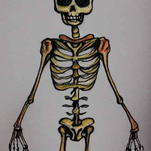 Prompt: funny skeleton, kid's drawing, colour pencil drawing