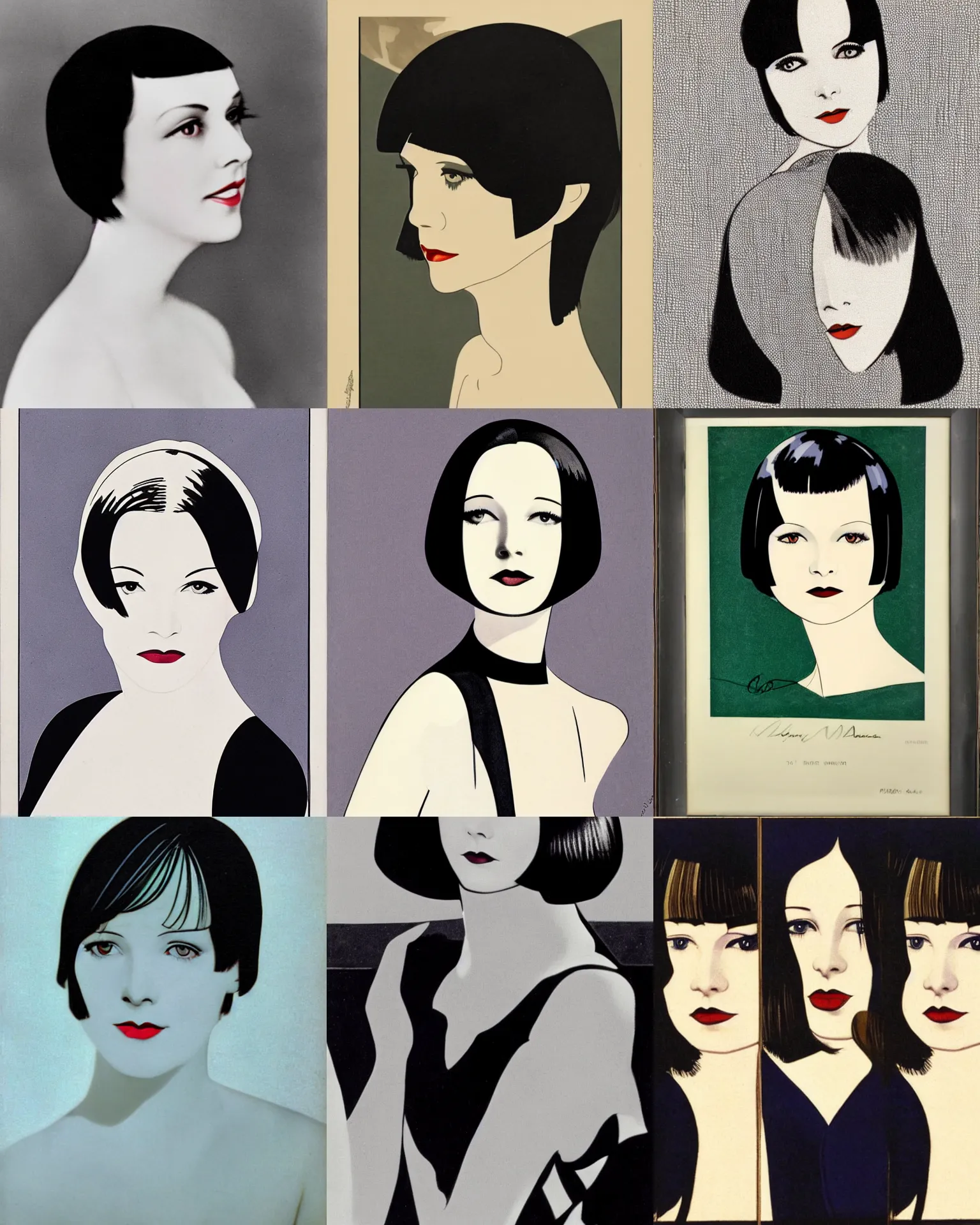 Prompt: Mary Louise Brooks 25 years old, bob haircut, 3 quater portrait by Patrick Nagel, 1920s,