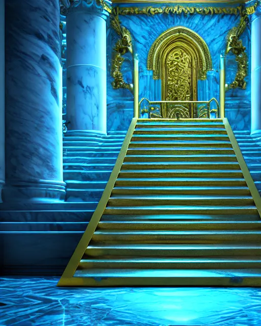 Image similar to scientifically realistic render scifi gold staircase to royal temple carved out of marble skeleton and blue gems and cyan crystal rendered in octane