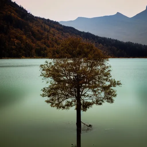 Prompt: a single tree on a lake with no land visible