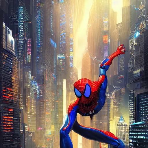 Image similar to cyberpunk spiderman robot ninja illumination ray tracing hdr fanart arstation by sung choi and eric pfeiffer and gabriel garza and casper konefal