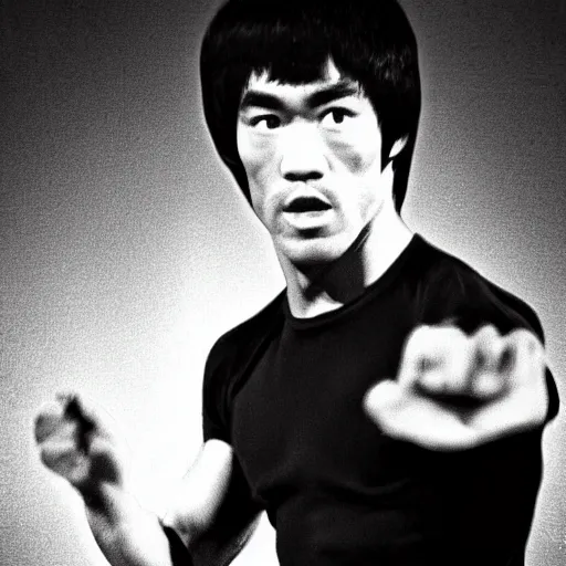 Prompt: 8 k portrait photograph of bruce lee, a blurred wafflehouse in the background