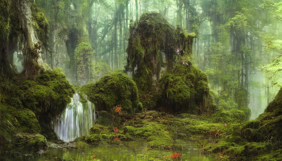 Image similar to ancient forest, mossy rocks, waterfall, intricate, vivid colors, brush strokes, elegant, highly detailed, richard schmid, john park, ruan jia, jeffrey catherine jones