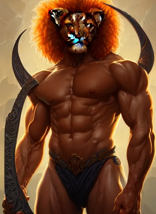 Image similar to symmetry! portrait of lion - o, d & d, muscular! fantasy, intricate, elegant, highly detailed, digital painting, artstation, concept art, smooth, sharp focus, illustration, art by artgerm and greg rutkowski and alphonse mucha