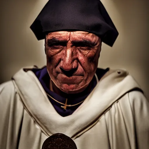 Prompt: stunning beautiful portrait photography of medieval sacred priest from national geographic award winning, dramatic lighting, taken with canon 5d mk4, sigma art lens, medium close up shot