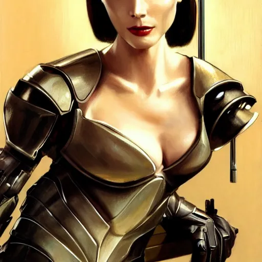 Image similar to A combination of Ada Wong's and Grace Kelly's and Ashley Greene's appearances with blonde hair wearing Anthem armor, high tech, action shot, angular, full body portrait, futuristic, dramatic, fantasy, intricate, elegant, highly detailed, artstation, matte, sharp focus, 8K, art by Donato Giancola and James Gurney